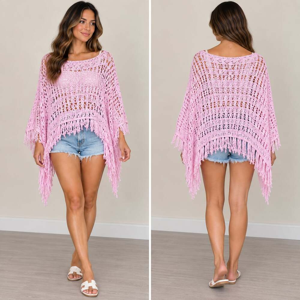 Boho Crochet Fringe Pink Poncho Top Festival Coastal